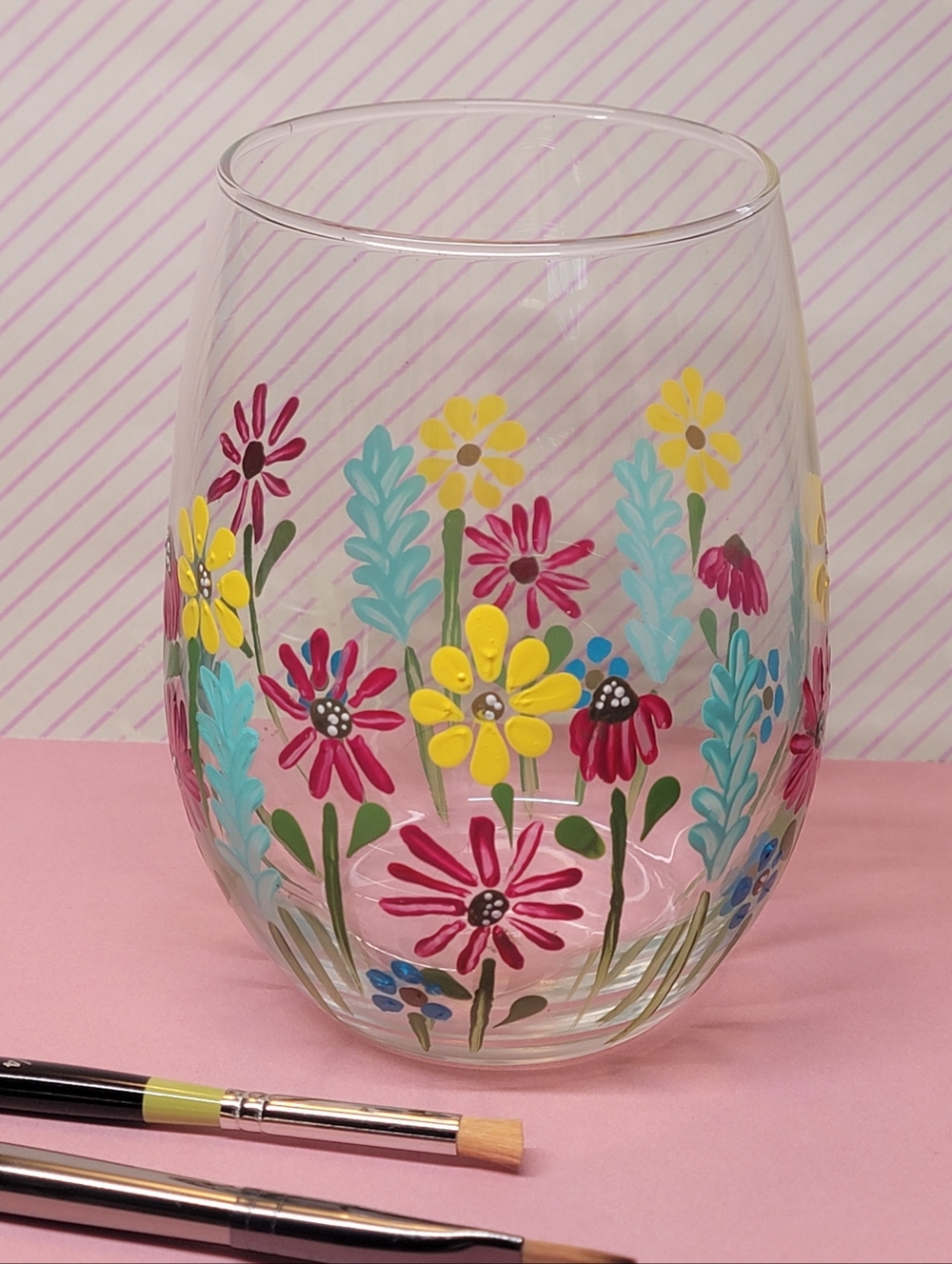 Hand-Painted Spring Floral Stemless Wine Glass - Pink, Yellow & Teal
